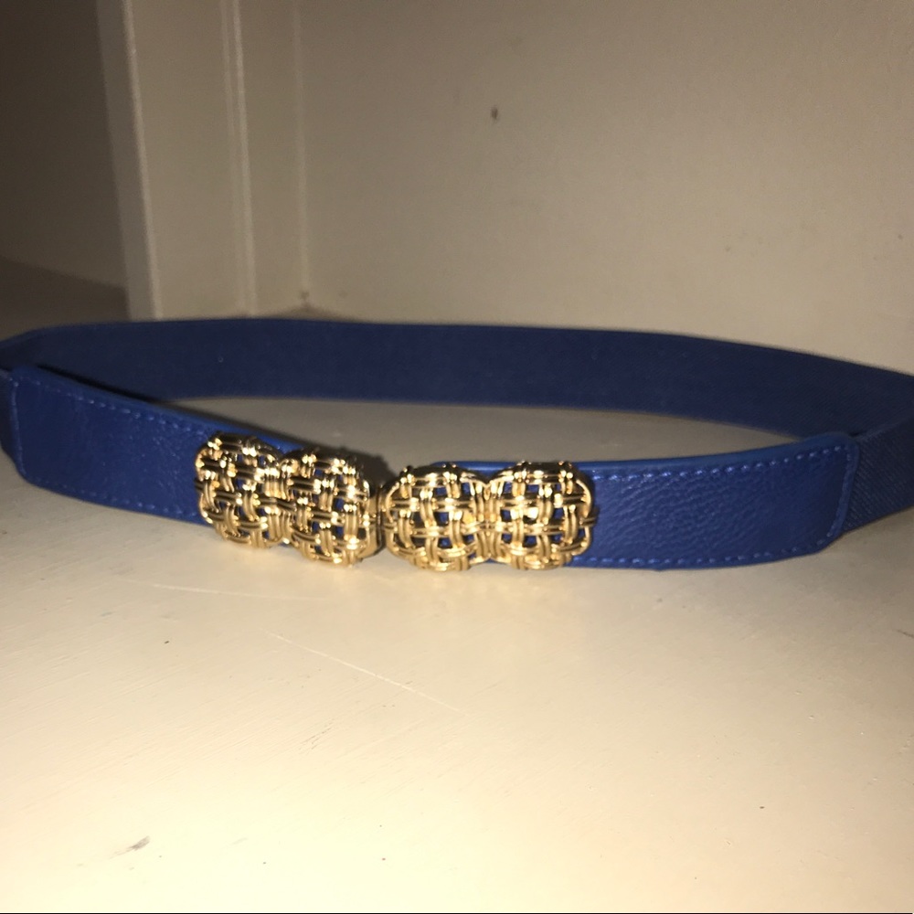 Cute Blue Elastic Waist Belt with Gold Design